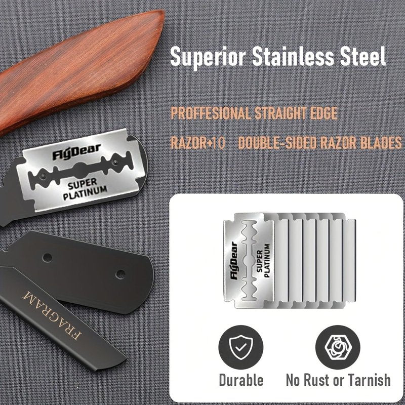 FRAGRAM wooden handle manual shaving razor with replacement blade compatible with S23 stainless steel hair clipper, used for shaving razors (剃须刀架+10片刀片)