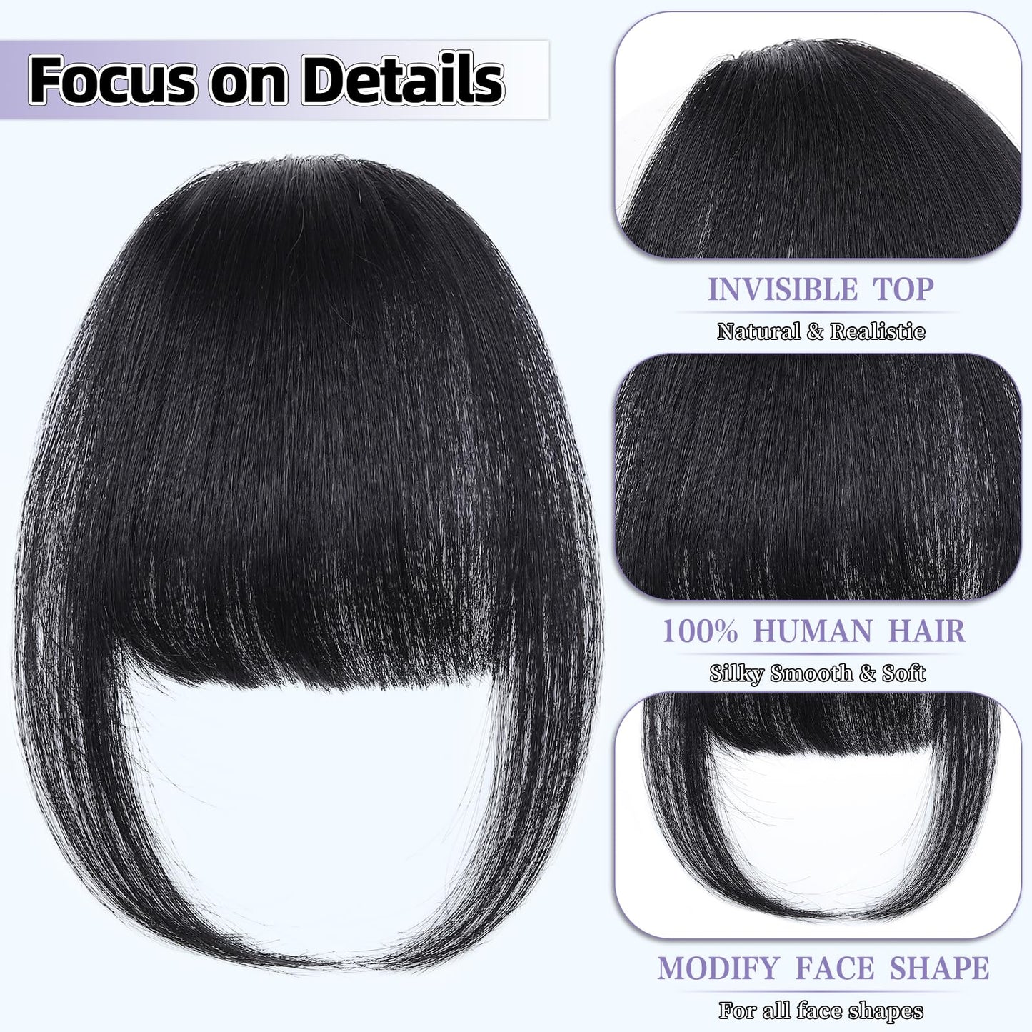 Niceone Hair Wispy Bangs Hair Clip, 100% Human Hair Clip In Natural Black Bangs for Women, Soft Layered Fake Bangs with Feathered Fringe, Easy Clip-On Design for Daily Wear & Halloween
