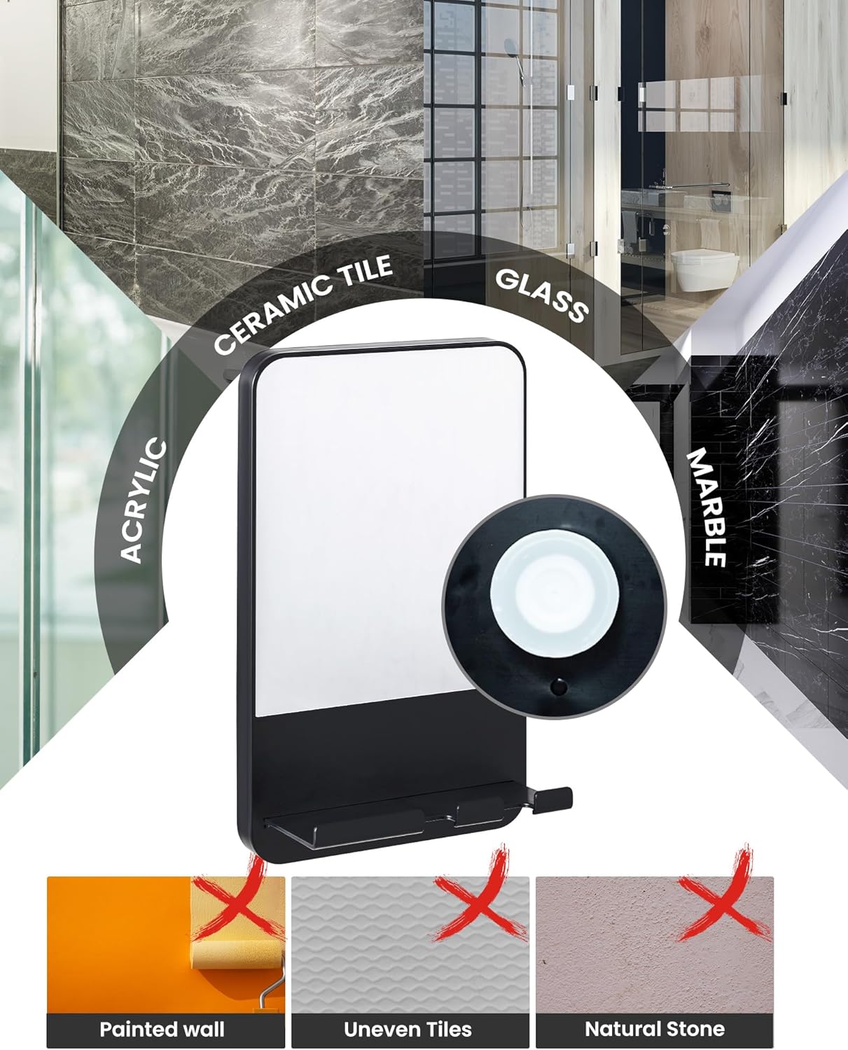 Fogless Shower Mirror for Shaving - Suction Cup, Removable & Shatterproof | Anti-Fog Bathroom Accessory, Black