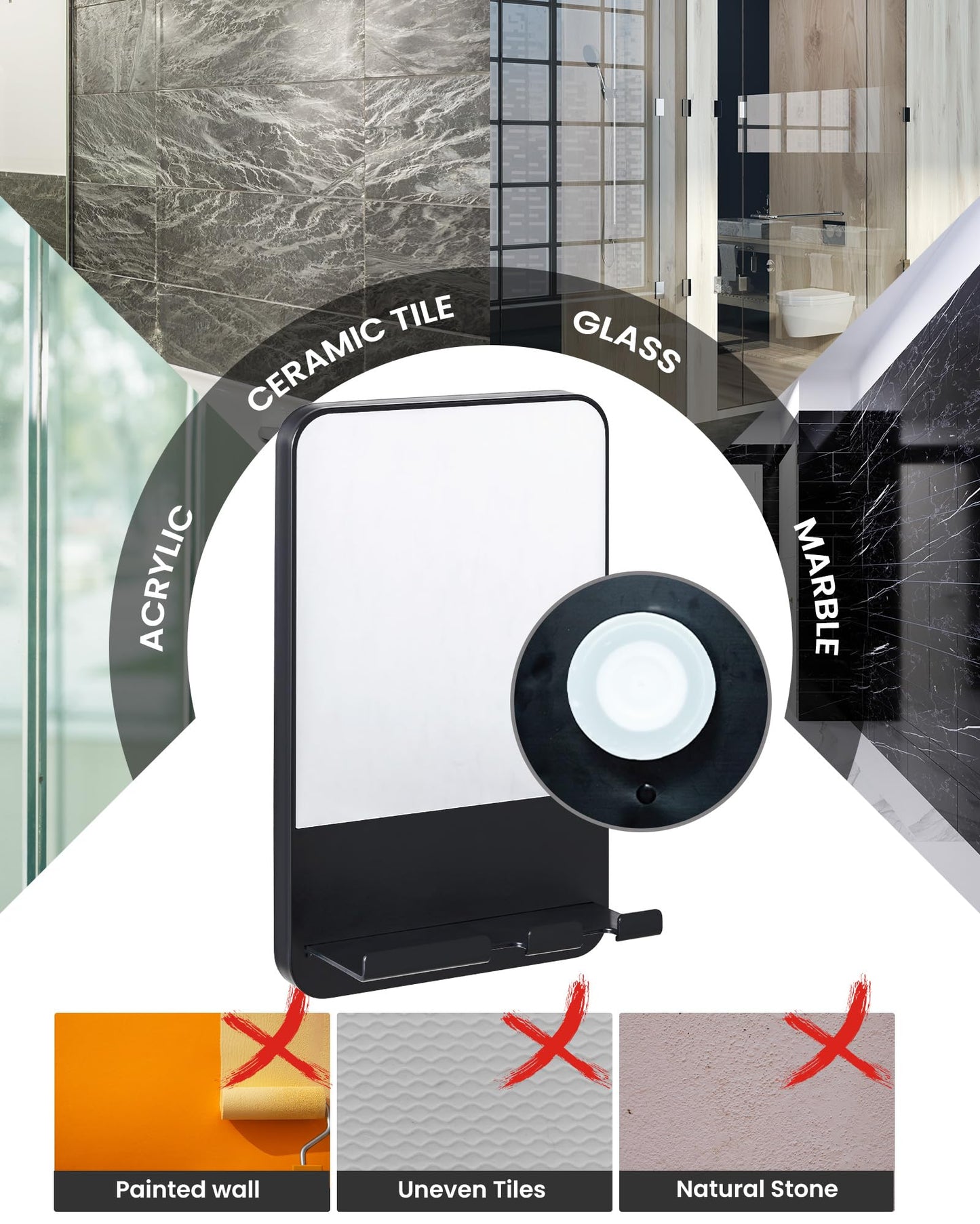 TAILI Shower Mirror Fogless for Shaving with Razor Holder – Fog Free Suction Mirrors, Removable & Shatterproof Anti-Fog Shower Mirror, Bathroom Shower Accessories for Men & Women, Black