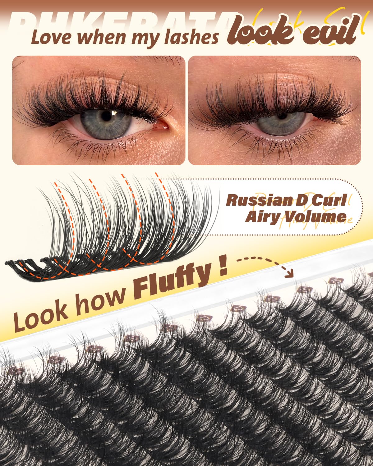 PHKERATA Fluffy Lash Clusters Wispy Eyelash Clusters, D Curl Cluster Eyelash Extensions, Light Volume Individual Lashes Cluster with Soft Thin Band, 10-16mm, 144Pcs