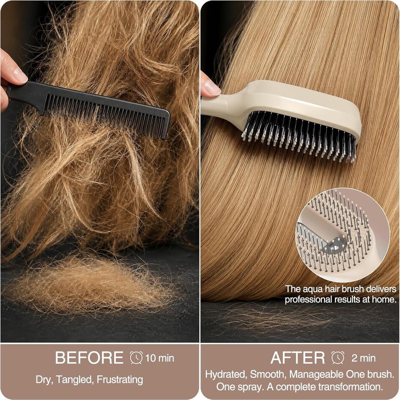 Thick & Long Hair Brush with Water Spray | 2-in-1 Detangling Tool for Curly Hair, Reduces Breakage & Frizz - Khaki