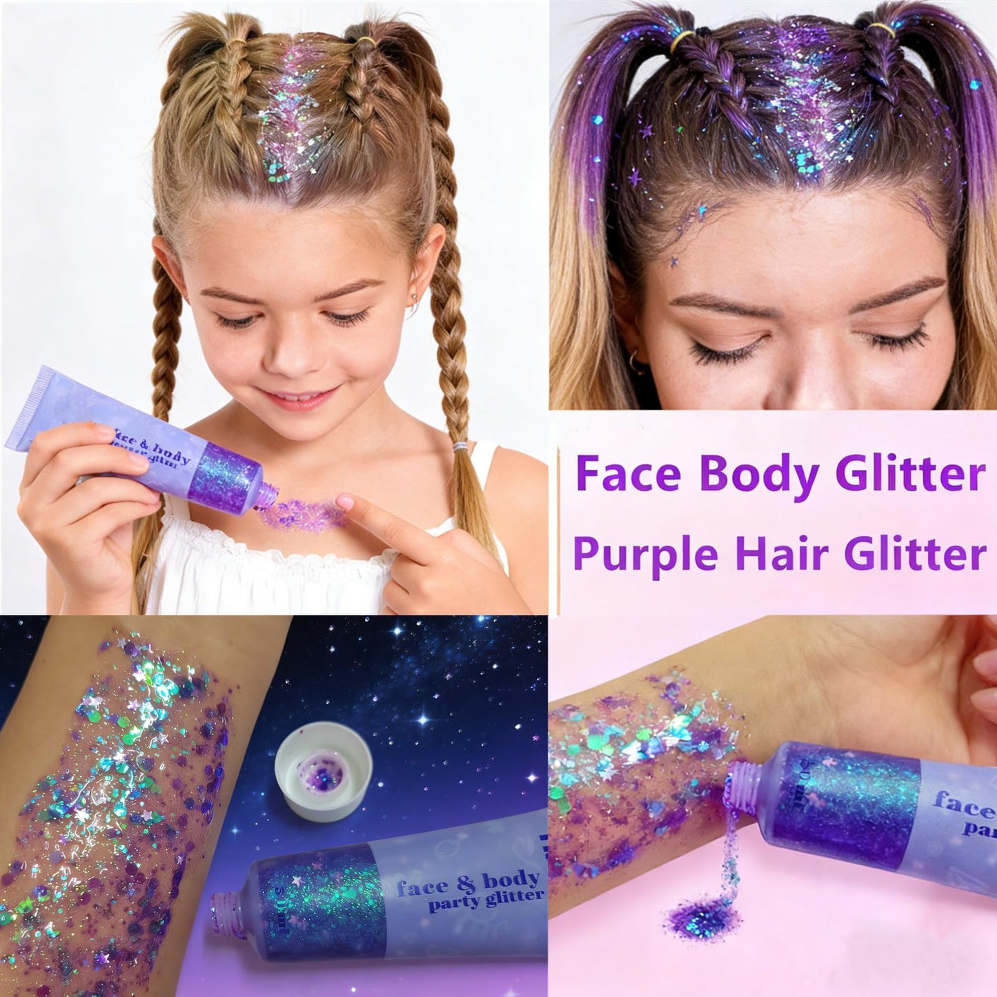 Go Ho Mermaid Purple Face Body Glitter Gel,Holographic Purple Hair Glitter for Kids&Women,Chunky Sequins Glitters for Eye Lip Nails,Festival Rave Hair Accessories