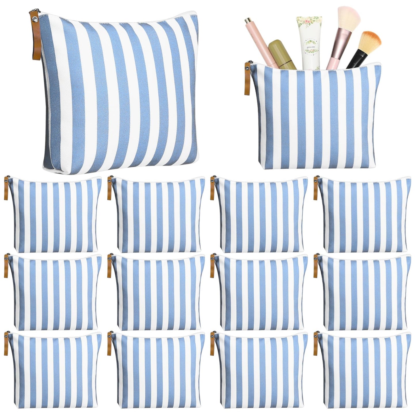 Hillban 12 Pcs Blue Striped Makeup Bags Bulk Canvas Cosmetic Bag Beach Themed Gifts Travel Toiletry Organizer Zipper Pouch Bags for Women Bridemaids Party Favors
