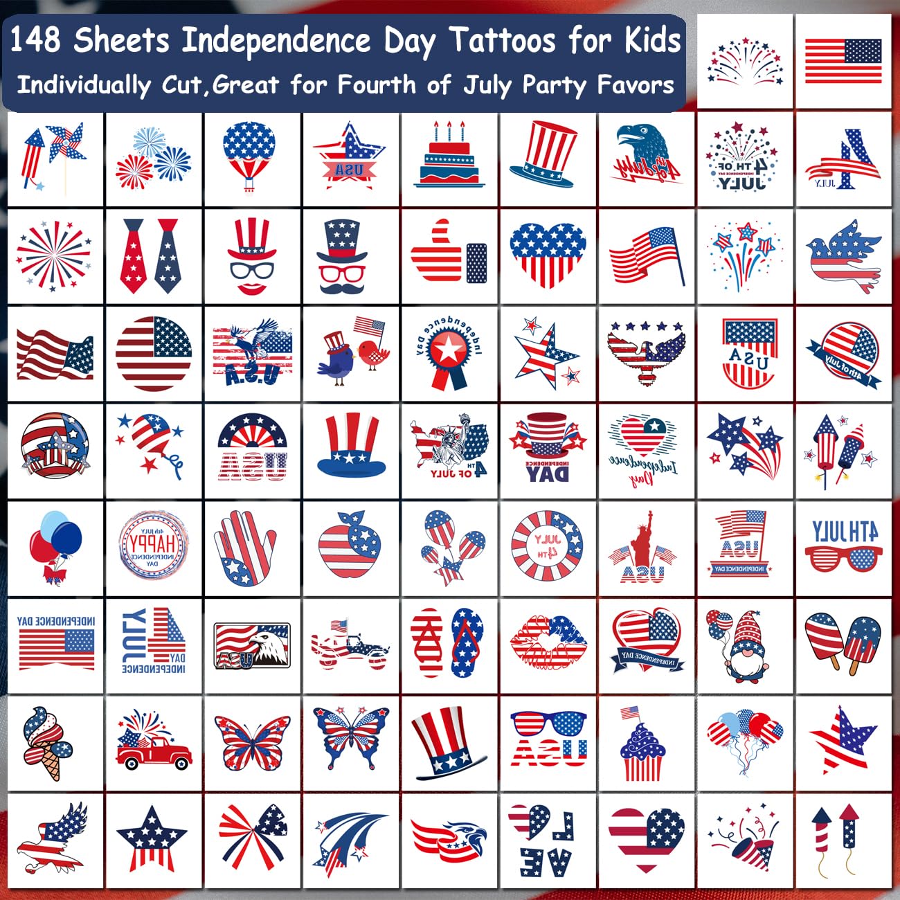 4th of July Temporary Tattoos - 148 American Flag Designs for Kids & Adults | Independence Day Party Favors
