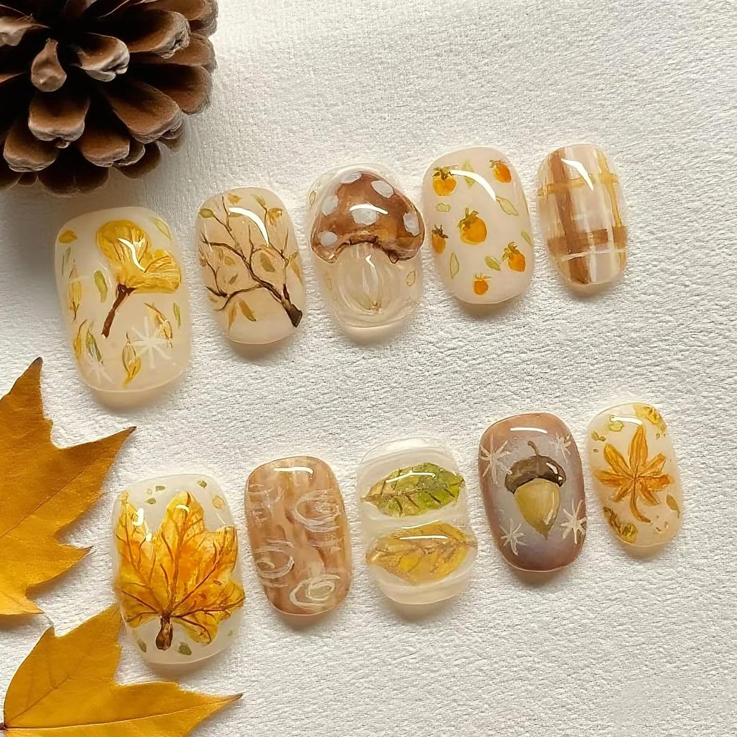 French Tip Press-On Nails - 24 Pcs Medium Almond with 3D Flower & Gold Rhinestones | Full Cover Nude Artificial Nails