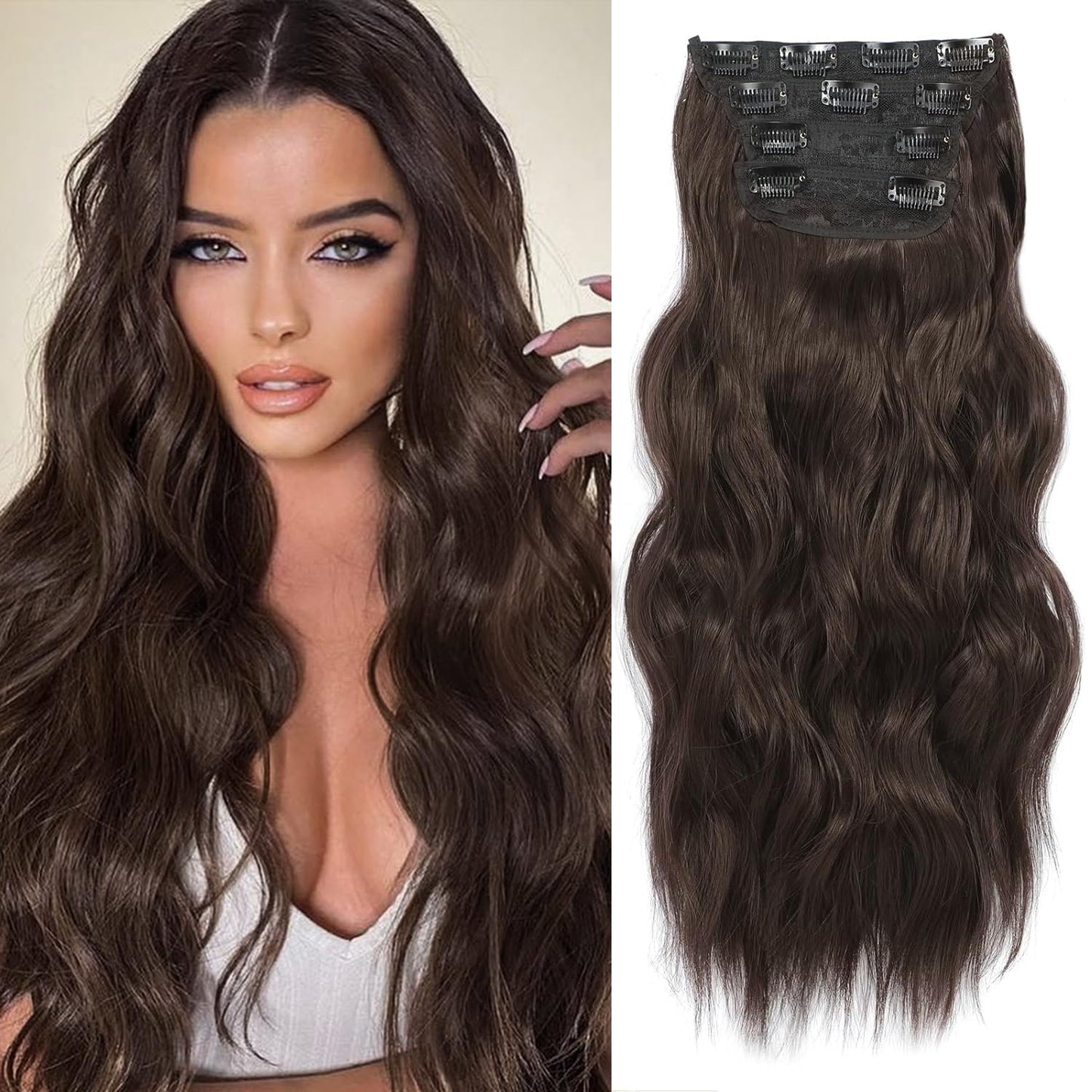 NAYOO 4PCS Brown Clip in Hair Extensions Long Wavy Curly Synthetic Thick Hairpieces for Women with Fiber Double Weft Hair Full Head（20 inch, Brown）
