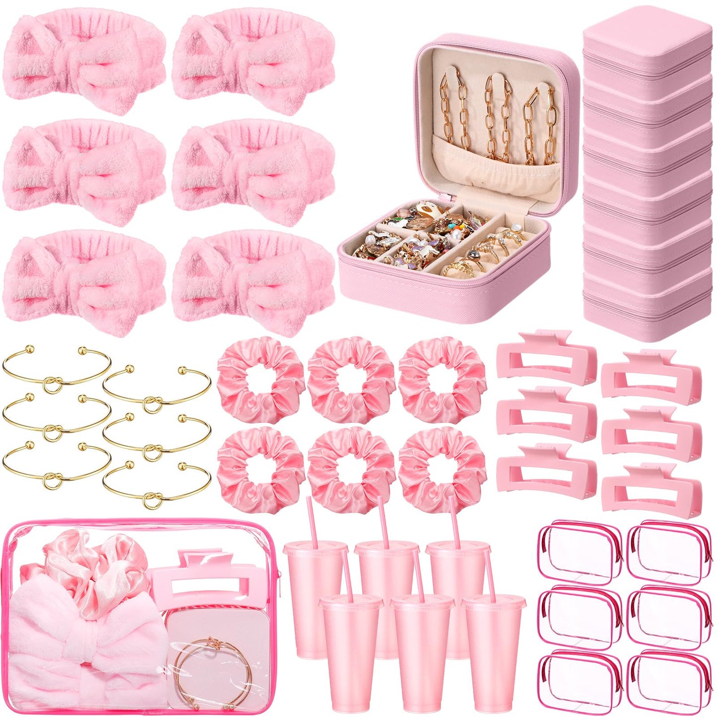 Cunno Pink 42 Pcs Spa Party Favors for Women Sleepover Party Supplies Trip Weekend Gift Headband Scrunchies Hair Clip Bracelet Jewelry Case Makeup Bag Plastic Cups for Bridesmaid Return Gifts