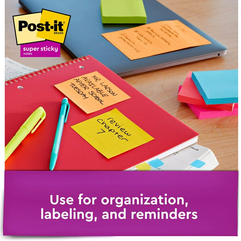 Post-it Super Sticky Notes, 3x3 in, 6 Pads, 2X The Sticking Power, Energy Boost Collection, Bright Colors (Orange, Pink, Blue, Green),Recyclable (654-6SSAU)