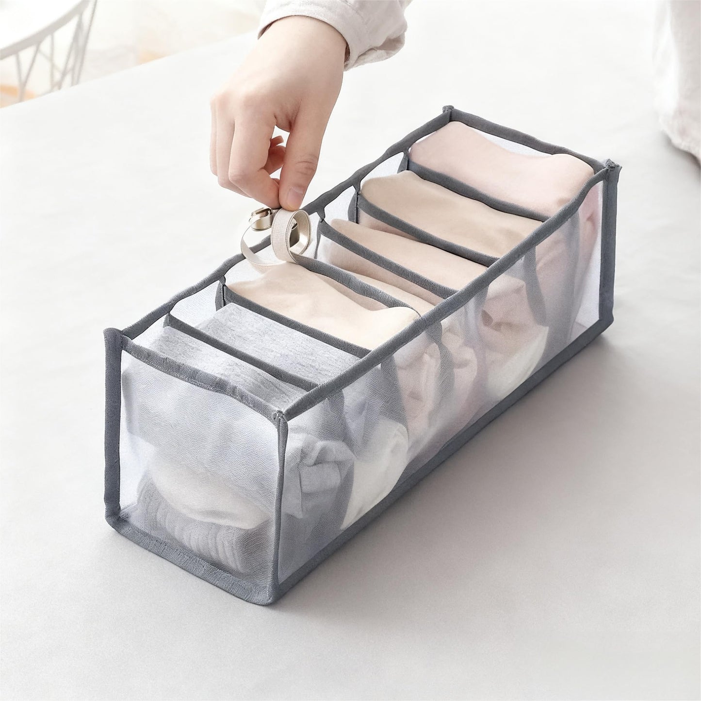 1PC Grey 7-Grid Drawer Divider Storage Bag - Transparent Polyester Organizer, Ideal for Lingerie, Socks & Ties Organization