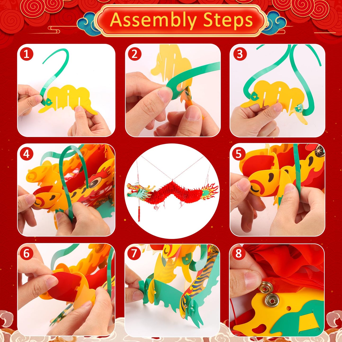 BRIOYHA 14PCS 3D Chinese Dragon Decoration Set with Red Ball 12 Lanterns for 2026 Lunar New Year, Spring Festival Party Decor