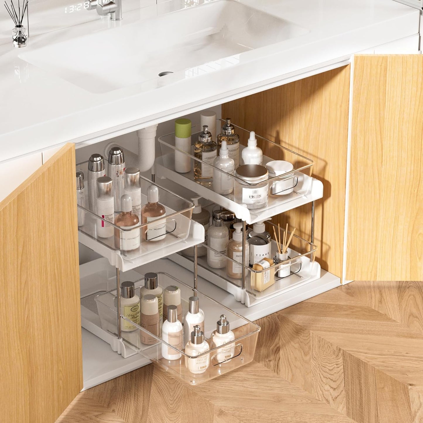 4 Pack Bathroom Organizer - 2 Tier Clear Under Sink Storage Bins | Vanity Countertop & Cabinet Drawers