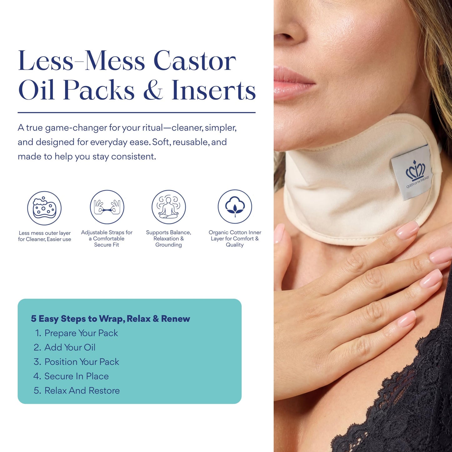 QUEEN OF THE THRONES Castor Oil Pack for Neck Less Mess, Reusable, Organic Cotton Flannel, Naturopathic Doctor Designed (Castor Oil Included)
