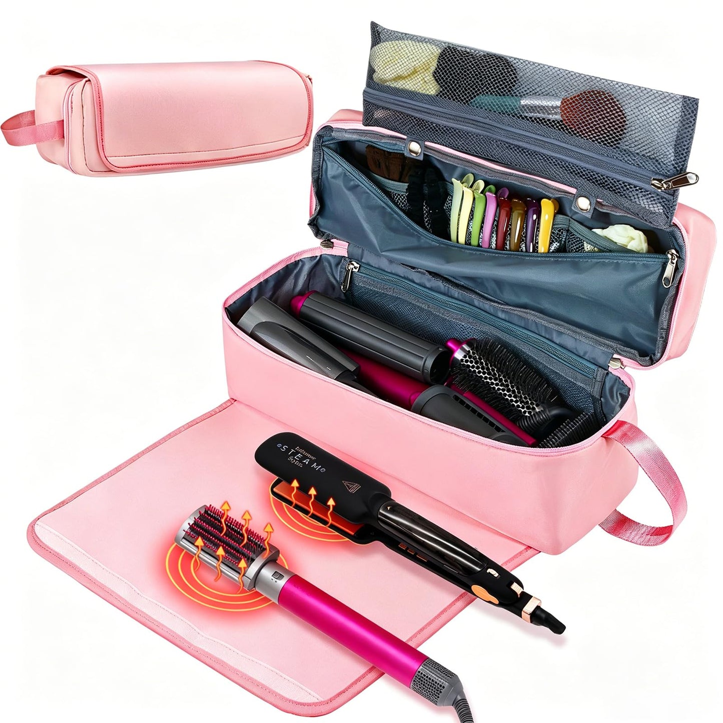 FAMOPLAY Hair Tools Travel Bag with Heat Resistant Pad, Double-Layer Travel Carrying Case for Straightener, Curling Iron, Hair Dryer, Portable Organizer