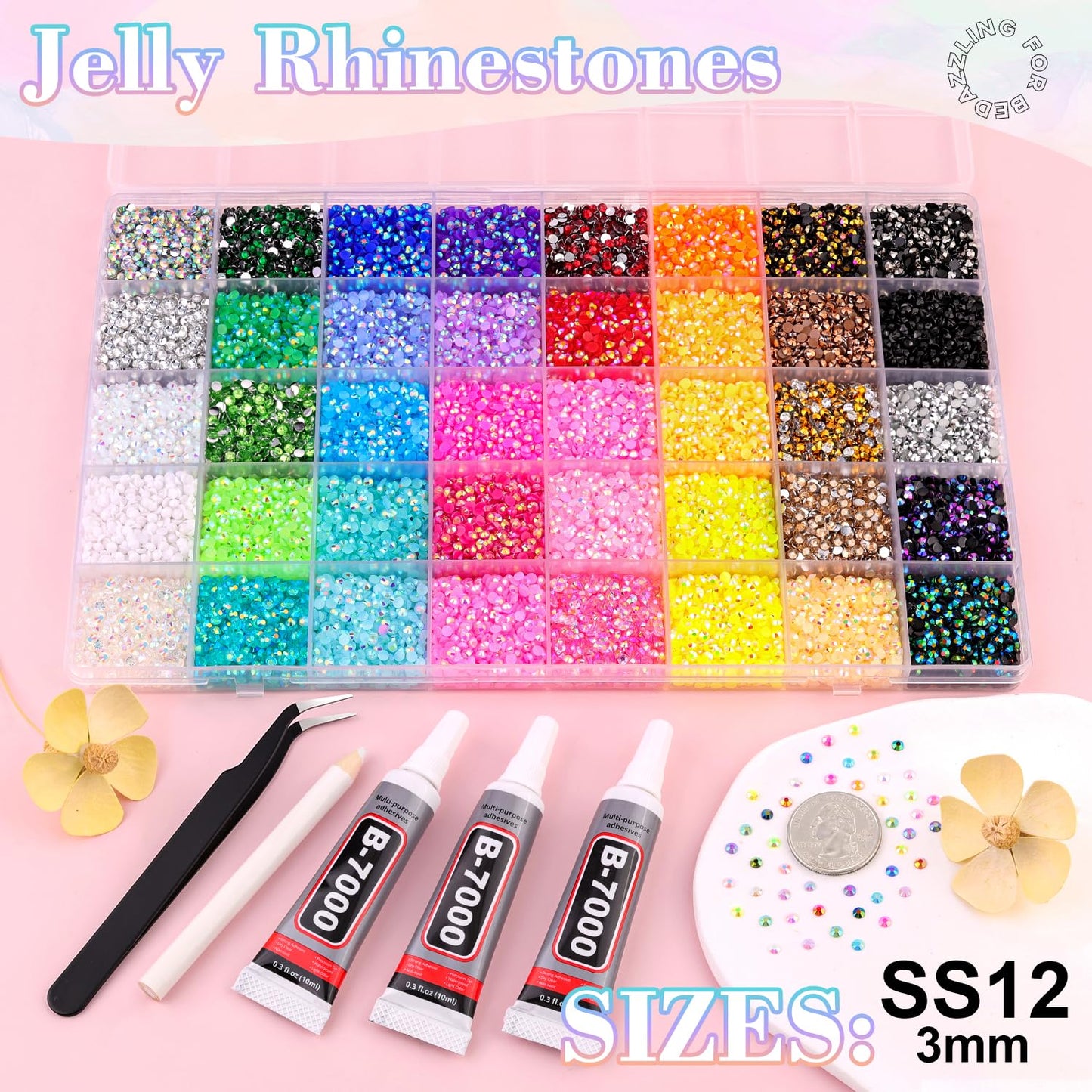 BELLEBOOST Jelly Rhinestones Bedazzling Kit - 45000 Pcs, 40 Colors, 3mm Flatback Gems for Crafting | Includes 3 Pcs B7000 Glue