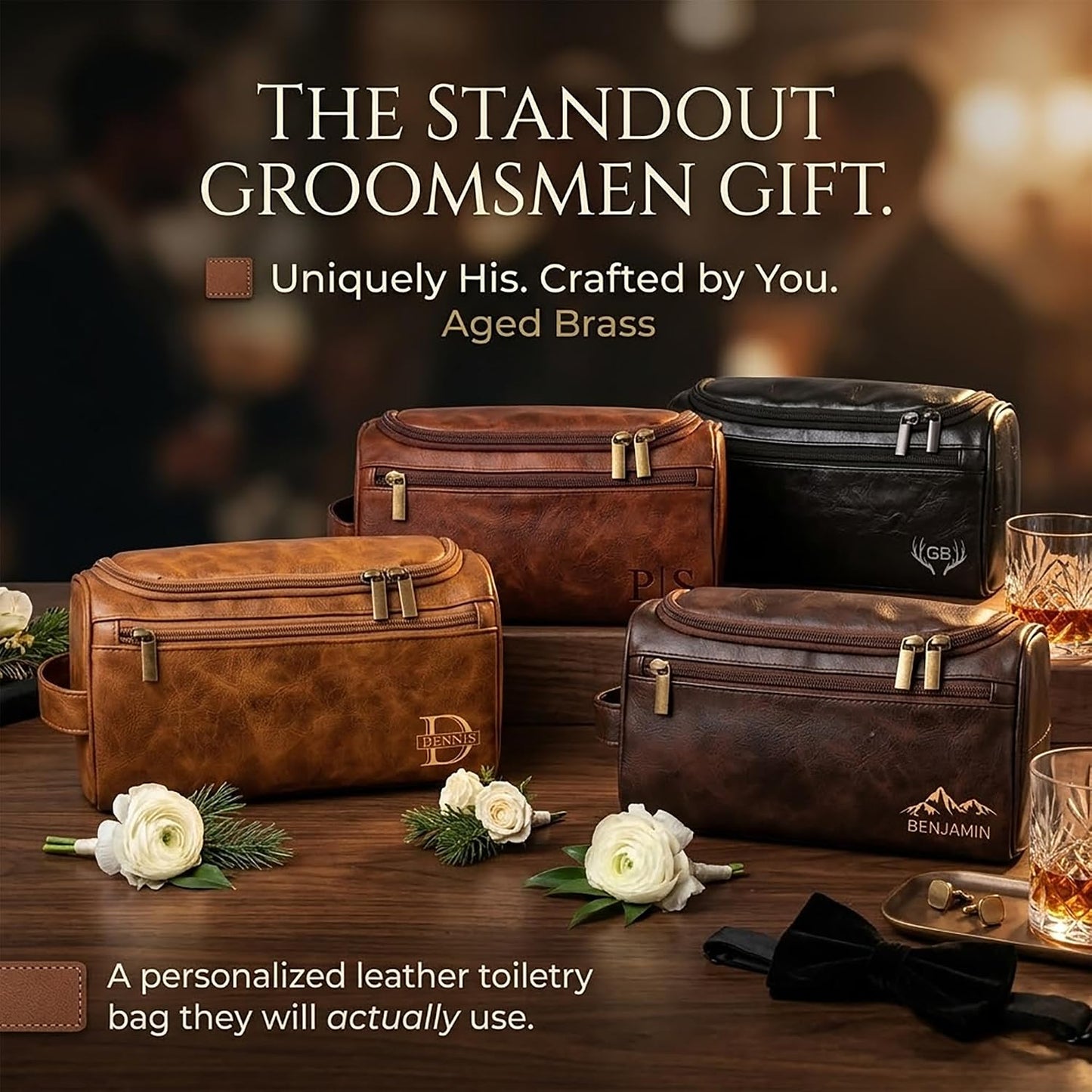 Personalized Leather Toiletry Bag for Men - Custom Engraved Travel Organizer | Groomsmen Gift (Coffee)