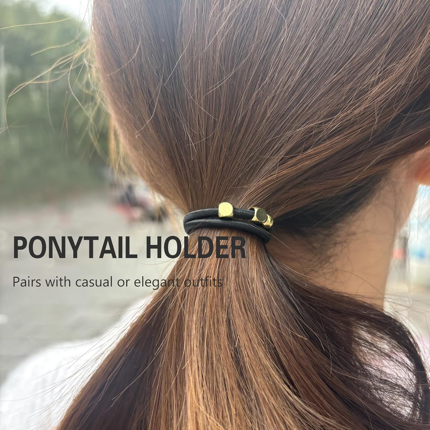 Black Hair Ties for Women - 5 Pack Elastic Ponytail Holders | 3mm Thick, No Damage, Beaded with Gold Charms