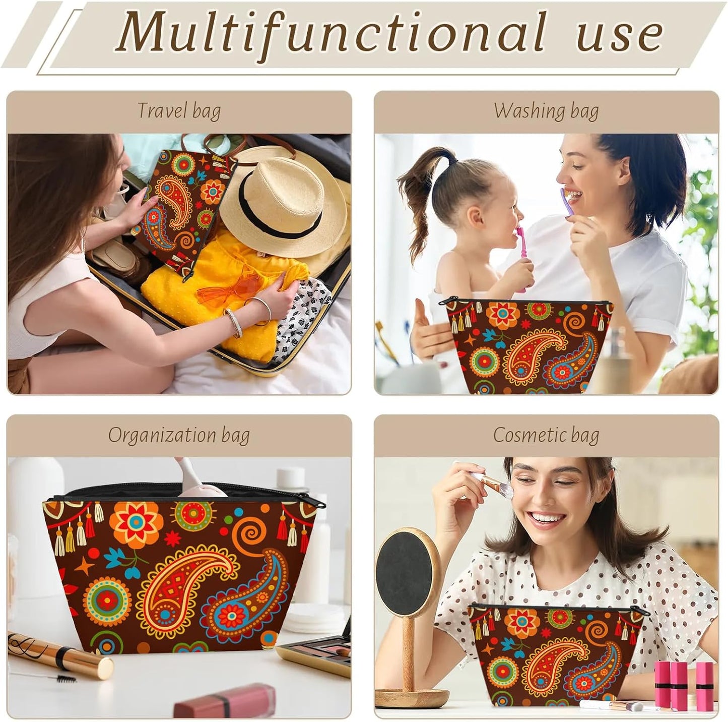 Afrohemian Makeup Bag - Portable Cosmetic Travel Pouch for Women | Fashionable Zipper Design, Small Size