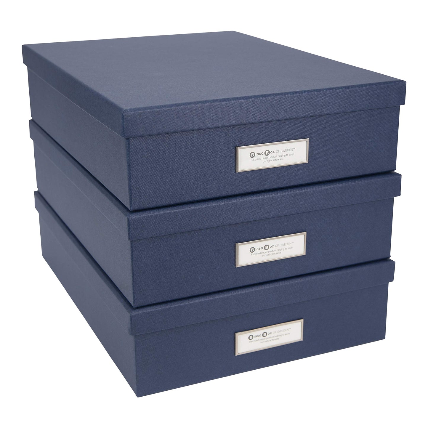 Bigso Oskar Fiberboard Label Frame Document Letter Box - File Organizer Box for Important Paperwork - Document Storage with a Lid & Metal Label Window - 3.3 in x 10.2 in x 13.8 in - Dark Blue