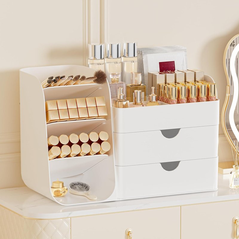 Makeup Organizer with 2 Drawers & Brush Holders - Versatile Cosmetic Storage for Vanity & Desk | All White, Medium