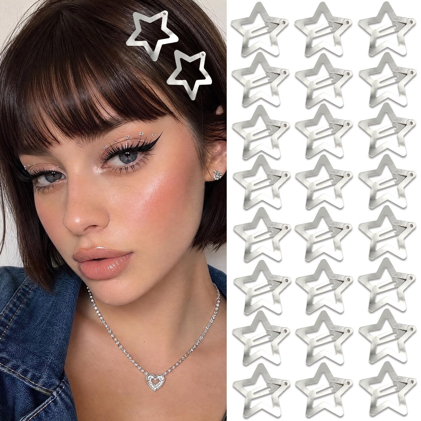 NAISKA 24PCS Star Hair Clips 2000s Y2K Hair Barrettes Silver Non Snap Clips for Cool Girls Metal Pins Star Alligator Clip Rave Hair Accessories for Women Girls