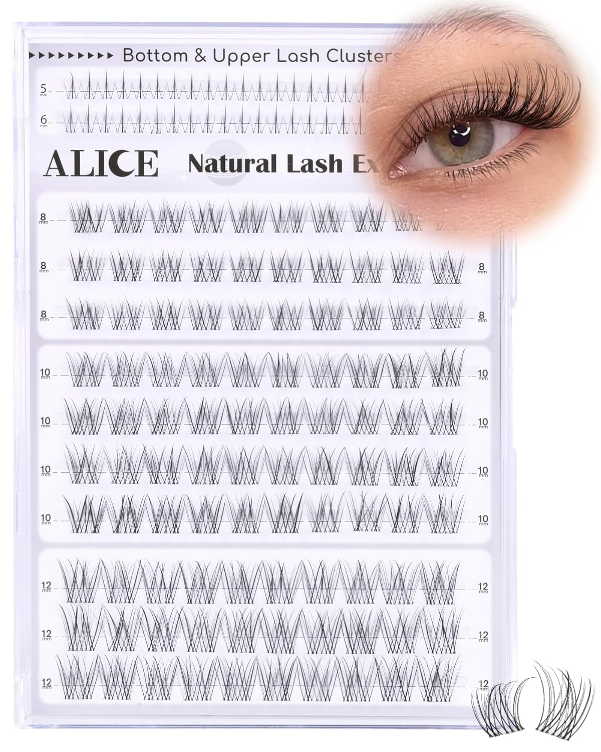 Eyelash Clusters - Natural Short Wispy Extensions 8-12mm | Individual Lashes with Clear Band & 5-6mm Bottom Lashes