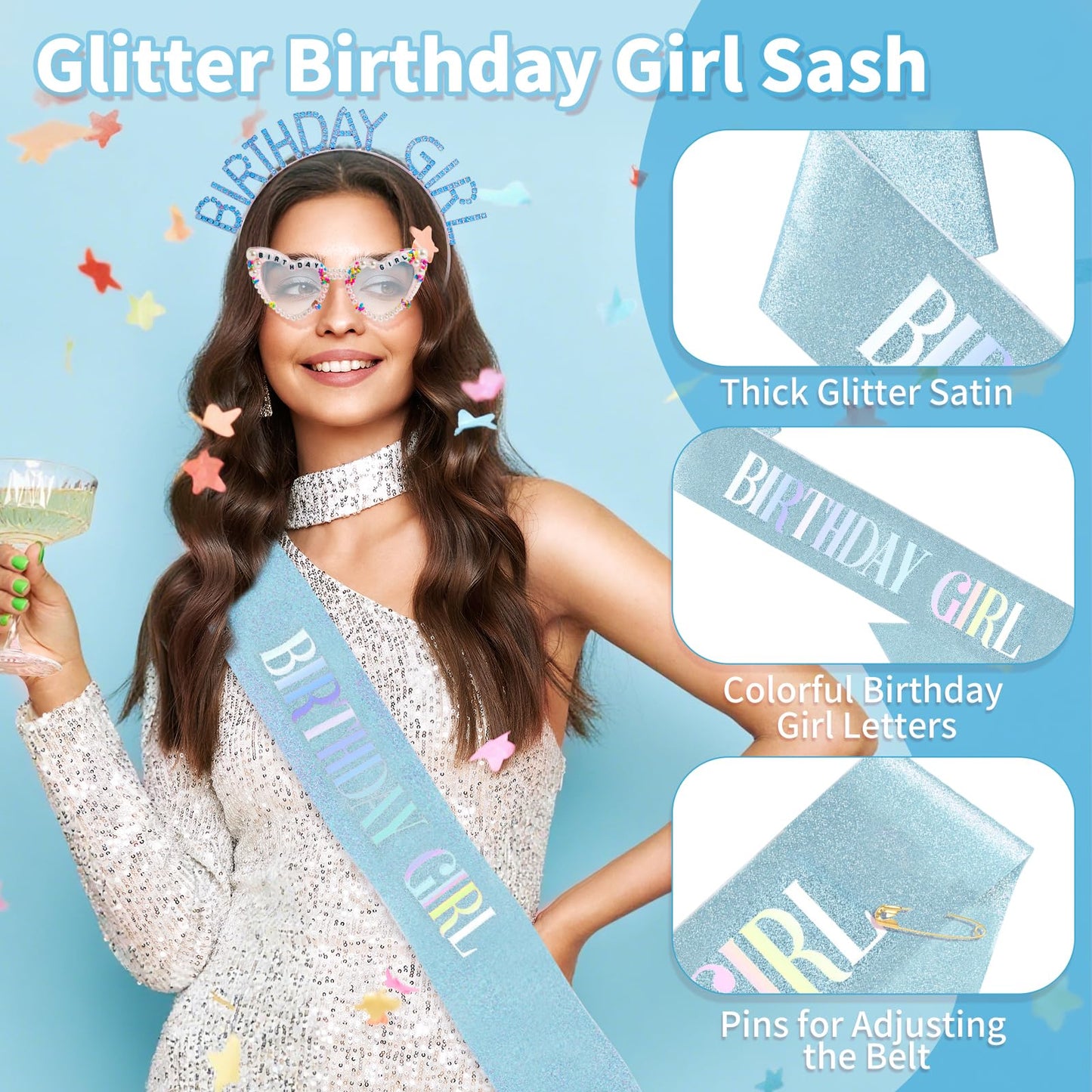 GZJINYUAN 3Pcs Birthday Girl Sash Headband Set- Glitter Sashs Rhinestone Headband Sunglasses, Birthday Sash Accessories for Women Girls (Blue)