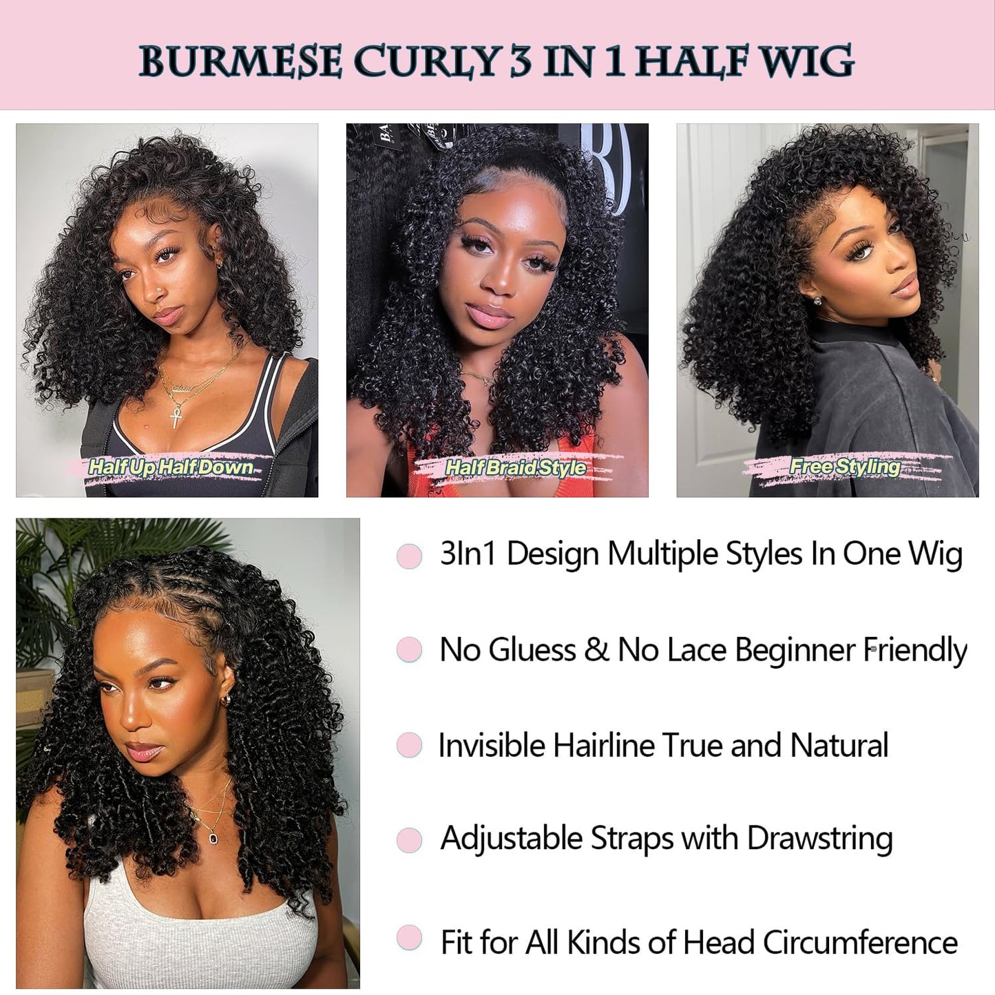 Burmese Curly 3 In 1 Half Wig - 250% Density Glueless Human Hair | 16-Inch Seamless Flip for Women