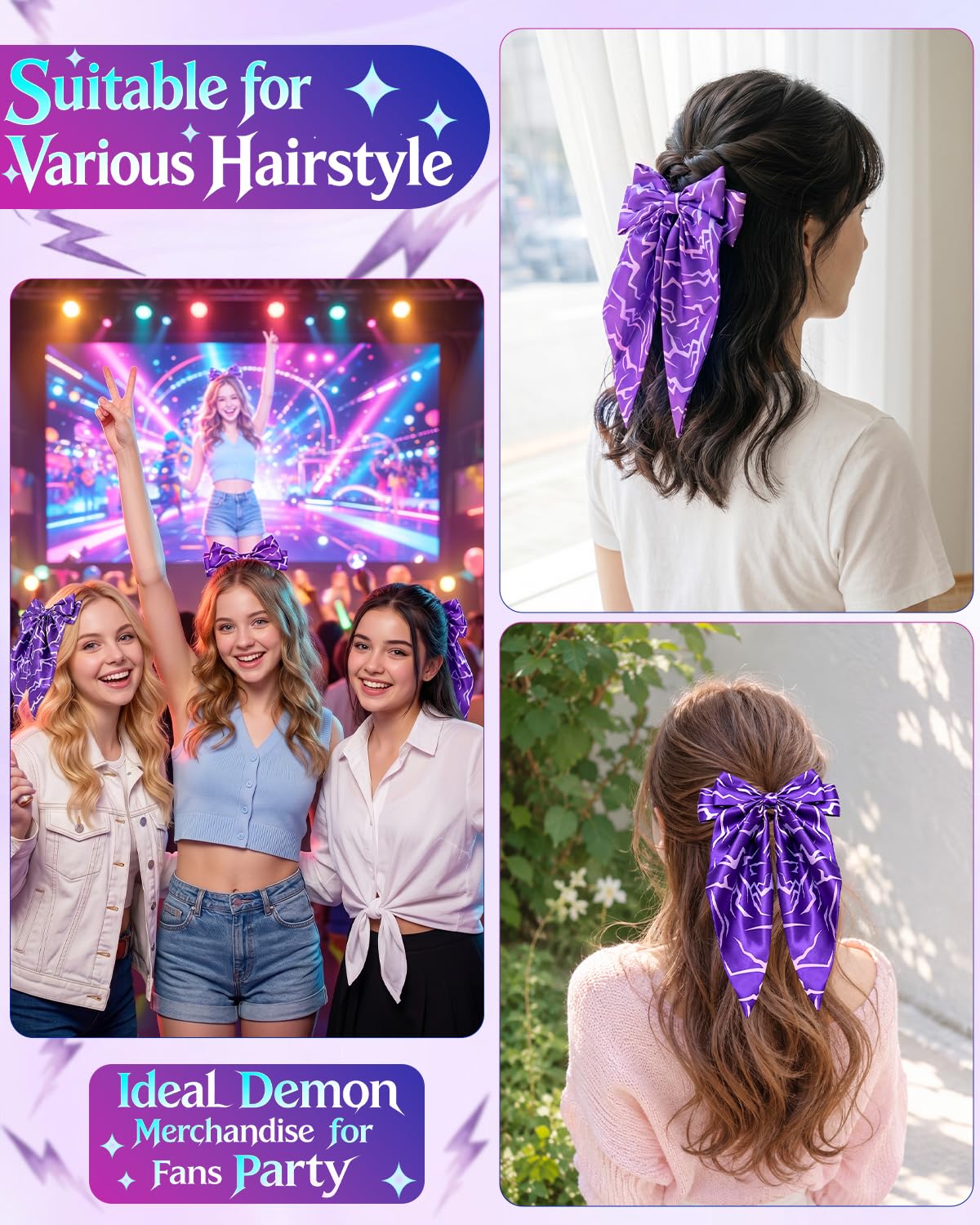 K-Style Demon Movie Hunters Hair Bows,Purple Demon Energy Hair Accessories for Girls, Oversized Hunters Satin Hair Bow Clips, Long Tail Silky Hair Ribbon Clips for Women Girls Fans