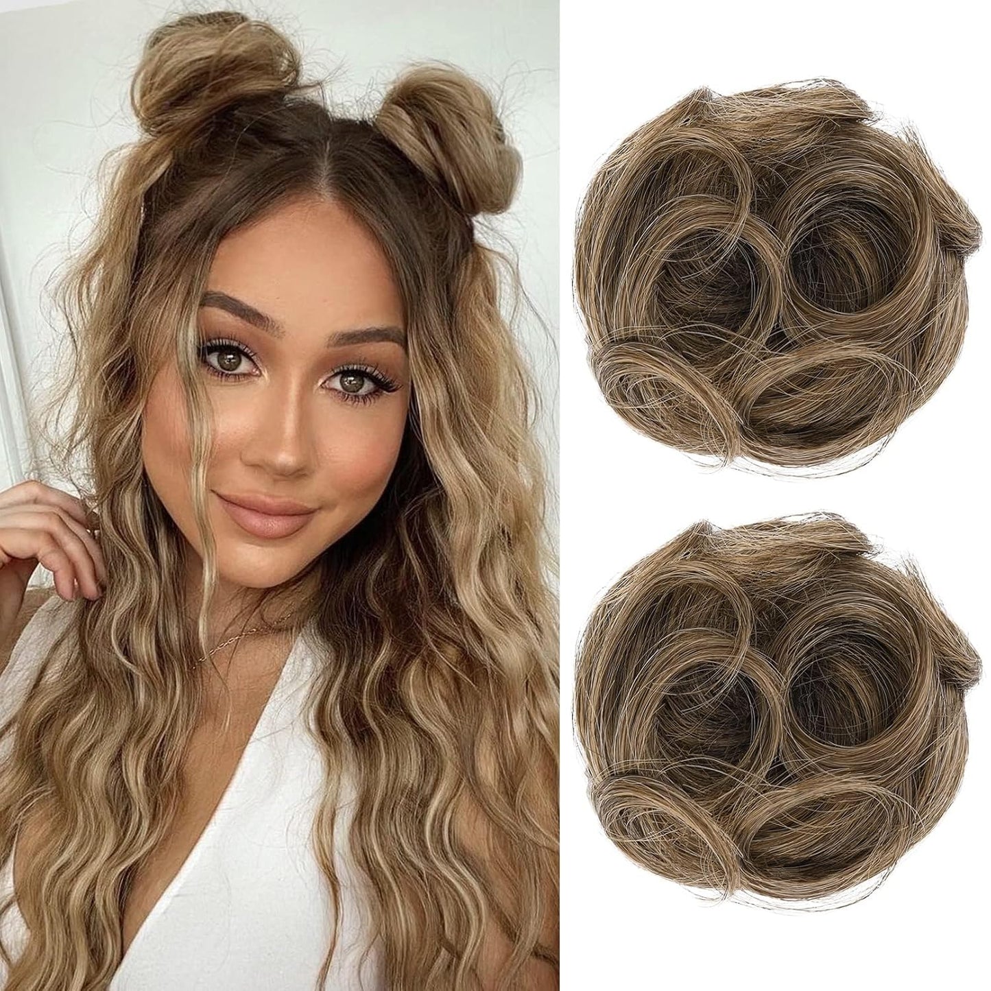 Mini Claw Clip Hair Bun Extensions - 2 PCS Messy & Cat Ears Updo Accessories | Golden Blonde Mix