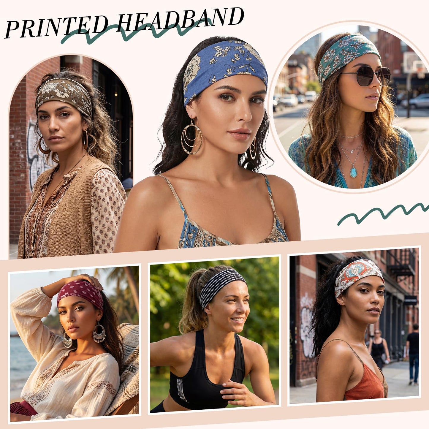 obeoby Boho Style Headbands for Women, 8 Pack Non Slip Headbands Fashion Hippie Clothes Outfit Gift Wide Hairband Hair Wrap