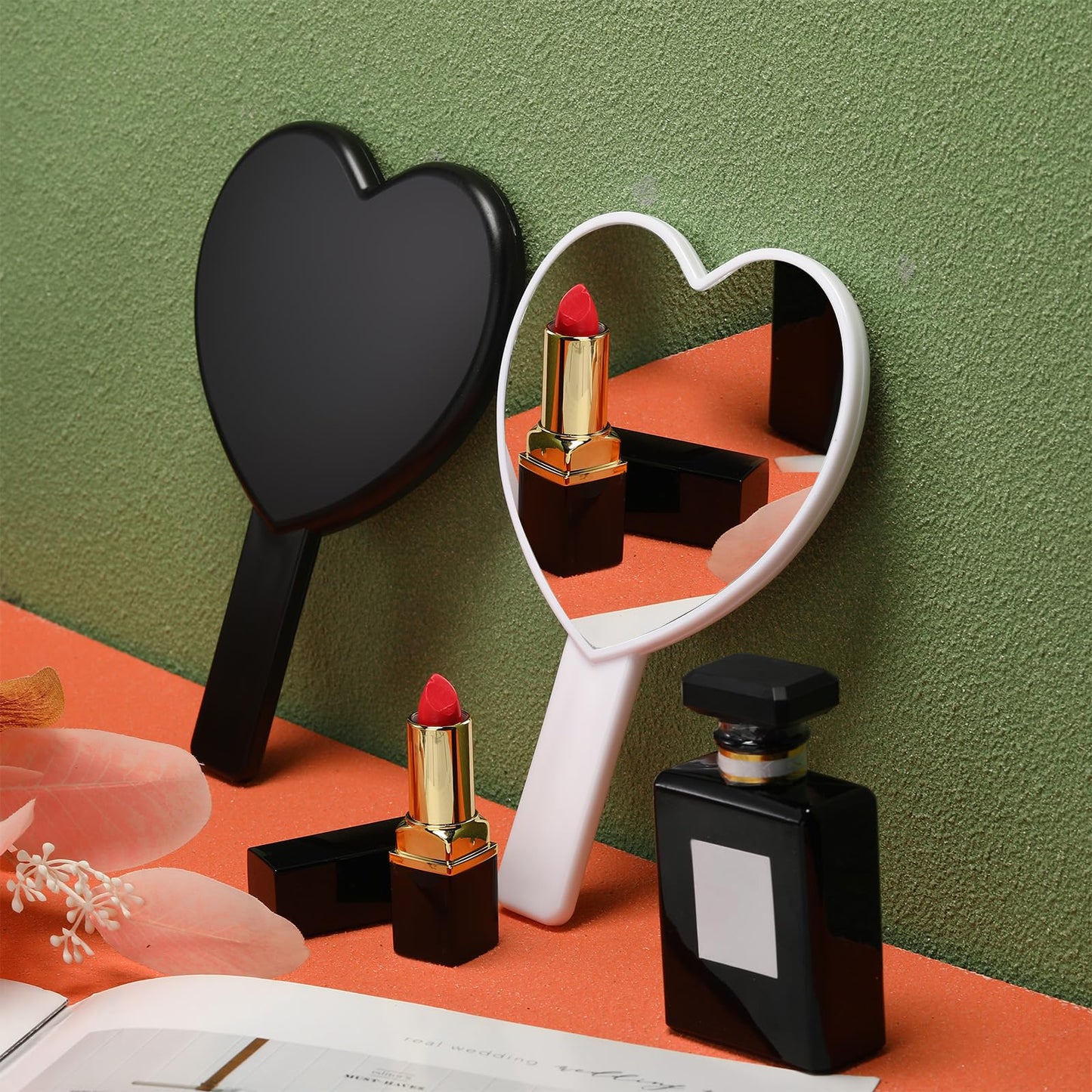 Jetec 2 Pieces Heart Shaped Handheld Cosmetic Mirrors Plastic Mini Cute Travel Makeup Mirrors with Handle Valentine's Day Small Heart Decorative for Girl Women(Black, White)