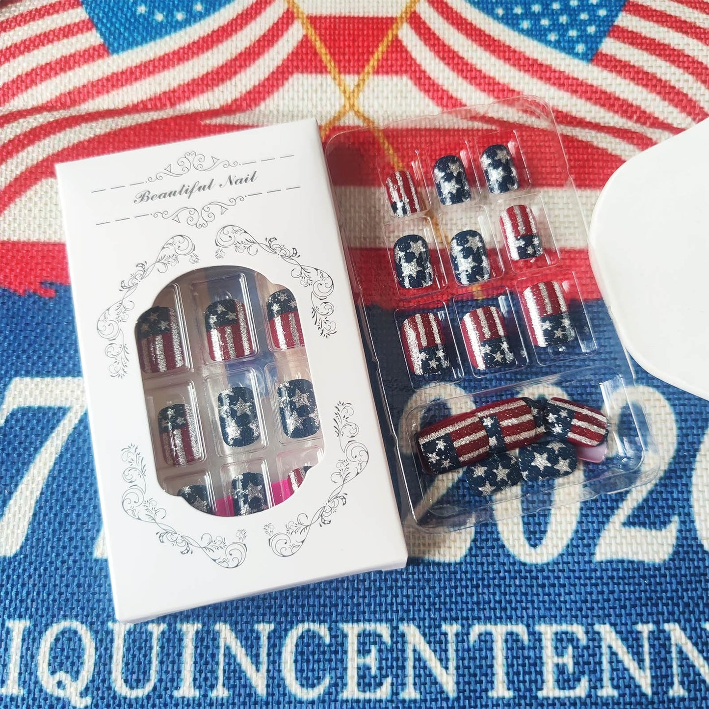 24Pcs 4th of July Press on Nails American Flag Acrylic Fake Nail Patriotic Gel Glue on Nail Fourth of July Short Square False Nails Glossy Silver Glitter Stick on Fingernails for Independence Day Gift