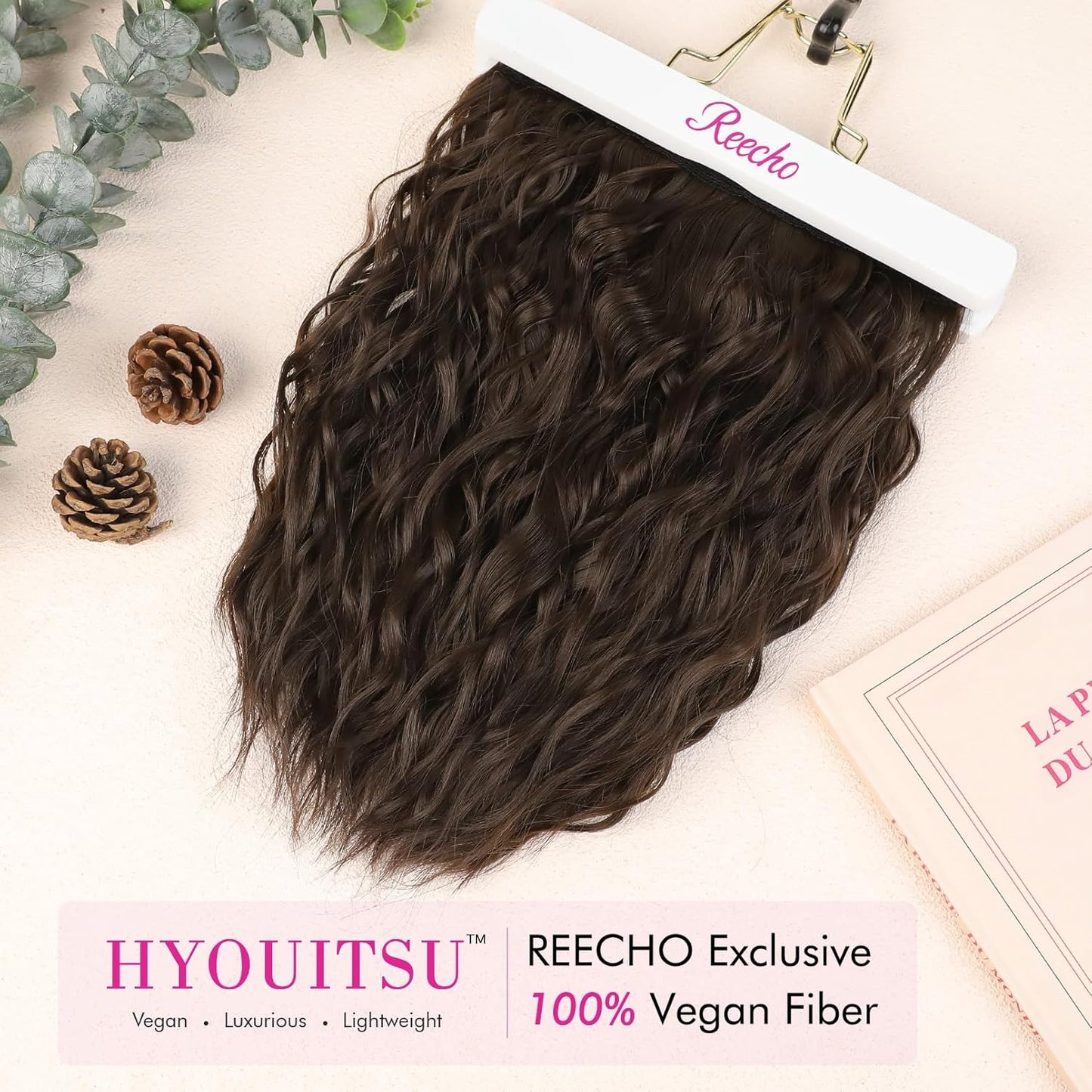 REECHO Clip-In Hair Extensions - 4PCS Short Curly Wavy 12" Chestnut Brown Lace Weft Hairpieces for Women