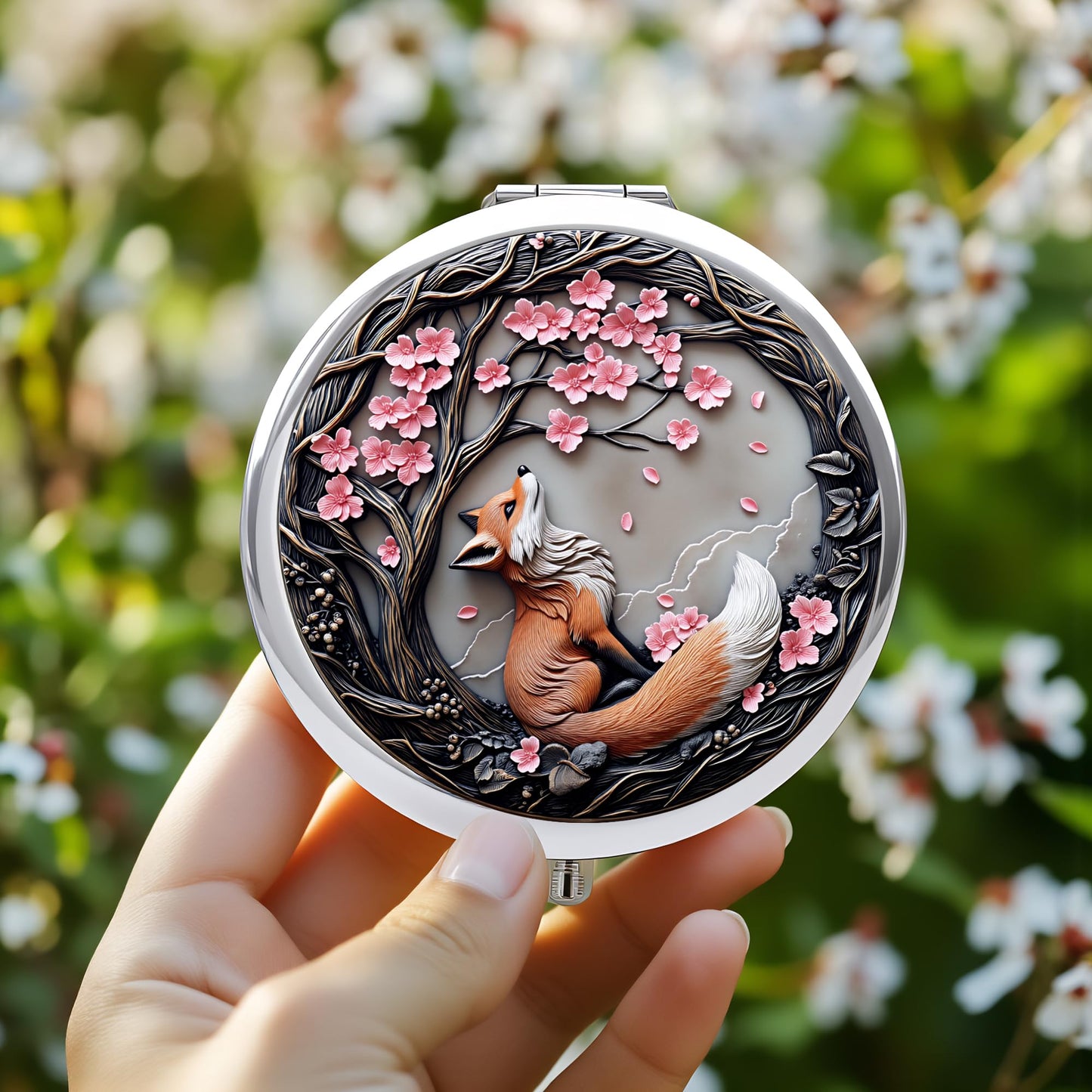 Silver Compact Mirror, 2.8x2.8inch Double-Sided Folding Makeup Mirror with Cherry Blossom Red Fox Design, Ideal Gift for Women