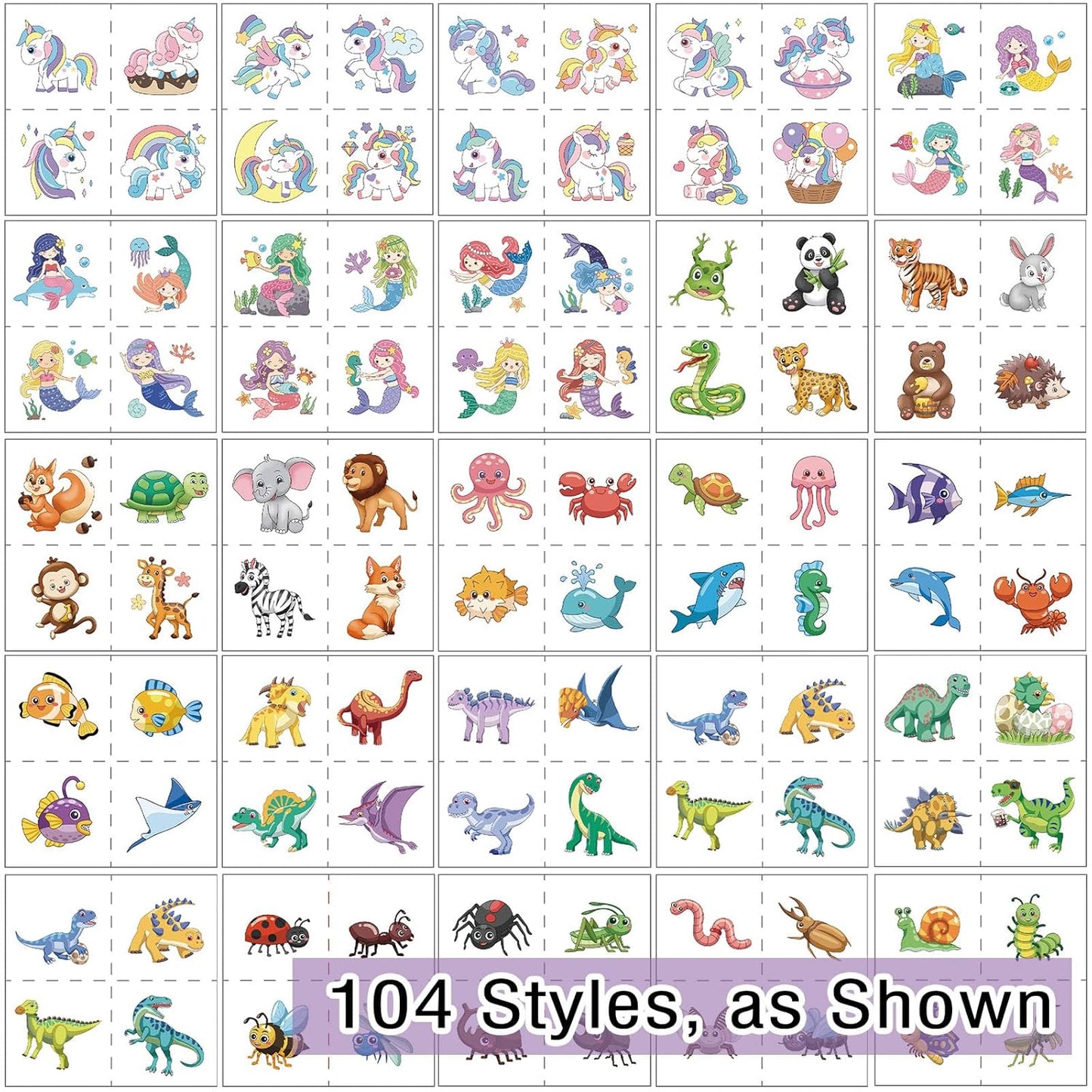 Kids Temporary Tattoos - 104 PCS Dinosaur, Unicorn & Mermaid Stickers | Fun Party Favors for Boys & Girls