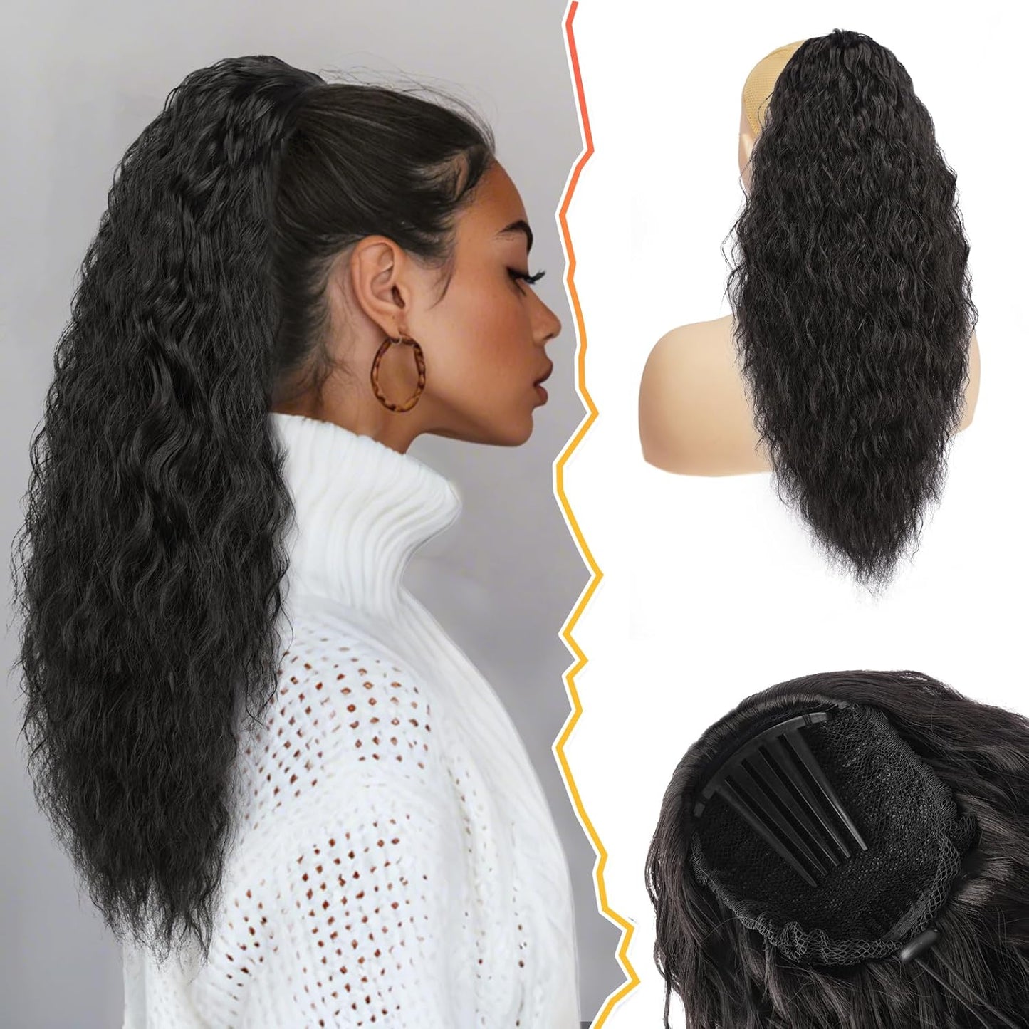Curly Wavy Drawstring Ponytail Extension - 22 Inch Synthetic Clip-In Hairpiece for Women | Fluffy Bohemian Style