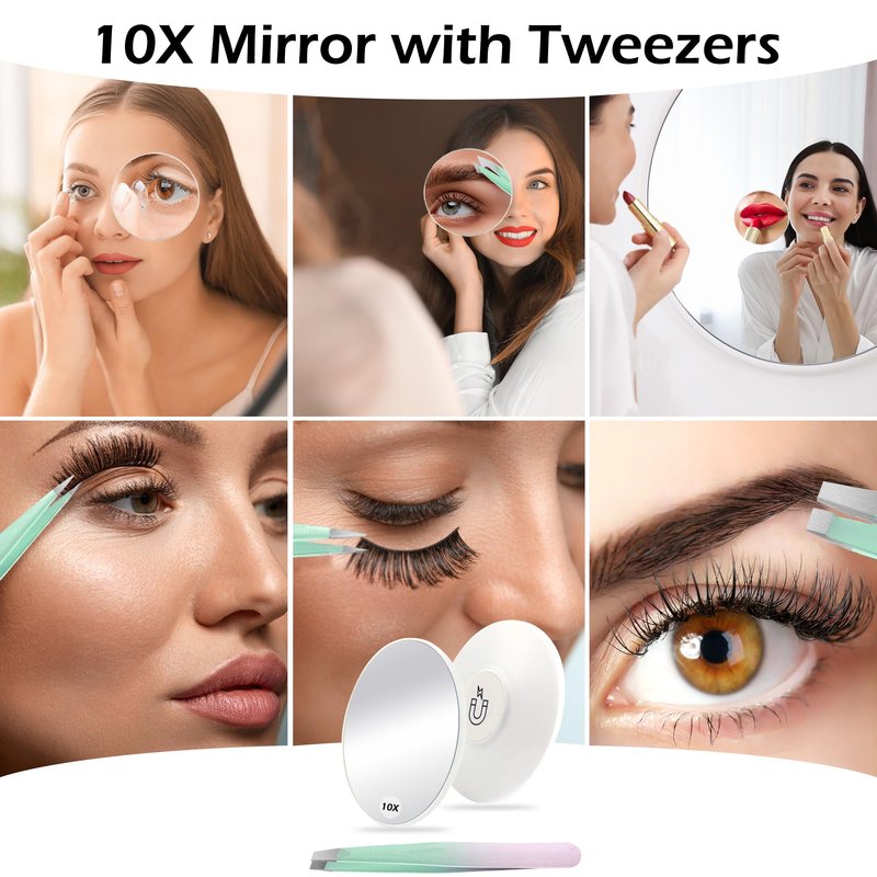 WangSelect Tweezers and 10X Magnifying Mirror Kit with Travel Leather Case, Eyebrow Tweezer Set for Women & Men, Great Precision for Facial Hair, Splinter and Ingrown Hair Removal - Starry Purple