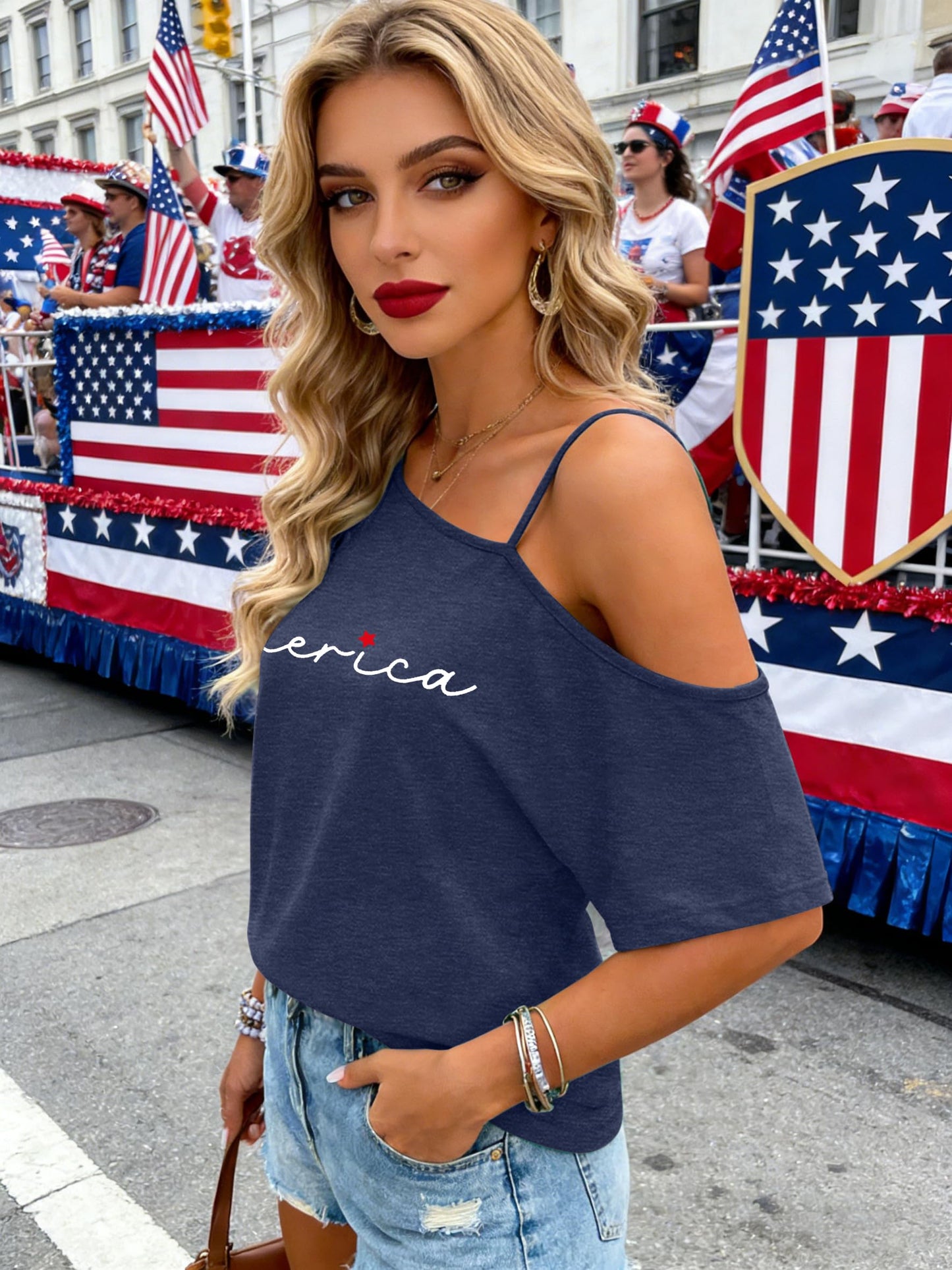 PECHAR 4th of July Shirts Women USA Patriotic Off Shoulder T Shirt American Flag Spaghetti Strap Tees Loose Fit Tops