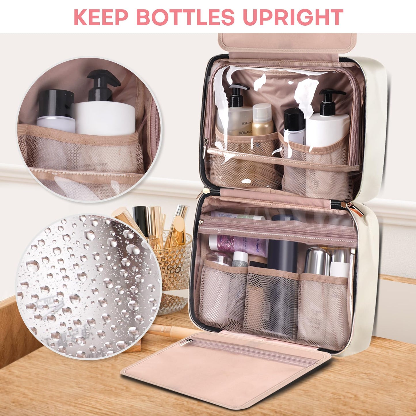 HXLGMD Travel Size Toiletry Bag for Women, Portable Cosmetic Bag with Hanging Hook, Travel Essentials Water-resistant Makeup Organizer for Accessories, Shampoo, Full-size Container, Toiletries