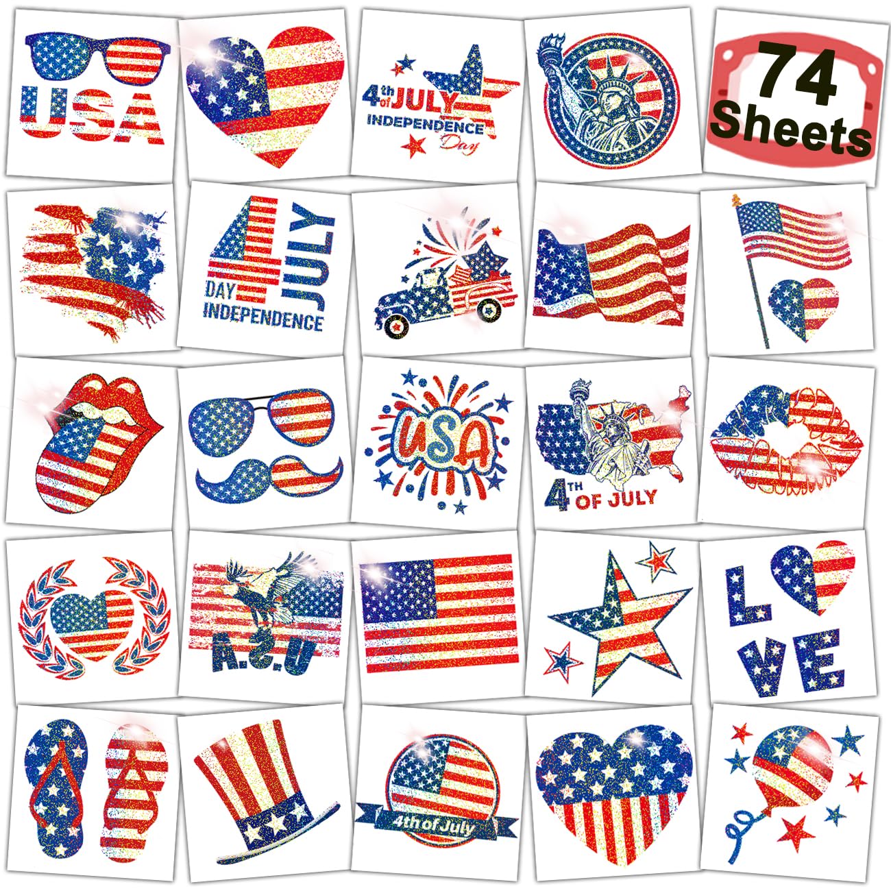 Glitter 4th of July Temporary Tattoos for Kids - 74 Sheets of American Flag Designs | Perfect Party Favors