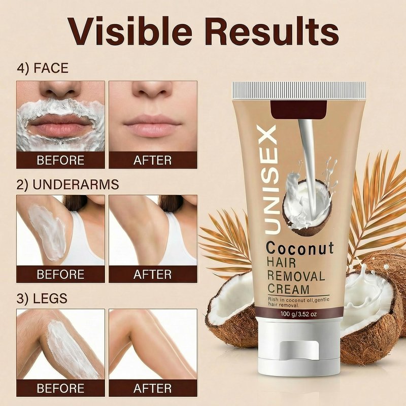 Grospe Coconut Hair Removal Cream for Men & Women, Painless Body Depilatory Cream for Sensitive Skin, Gentle Hair Remover for Face, Legs, Chest, Back and Bikini Area, 3.52 oz