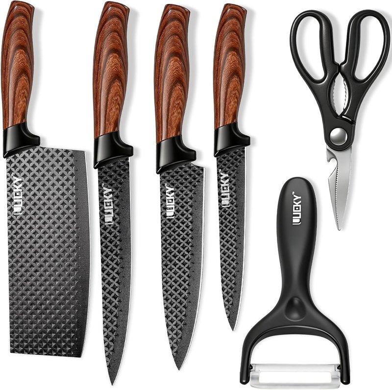 KEPEAK 6PCS Knife Set, Kitchen Knife Set with Nonstick Diamond Coating, High Carbon Stainless Steel Chef Knife Set with Cleaver and Scissors, Rustproof, Gift Box, for Home Kitchen, Chef Gifts