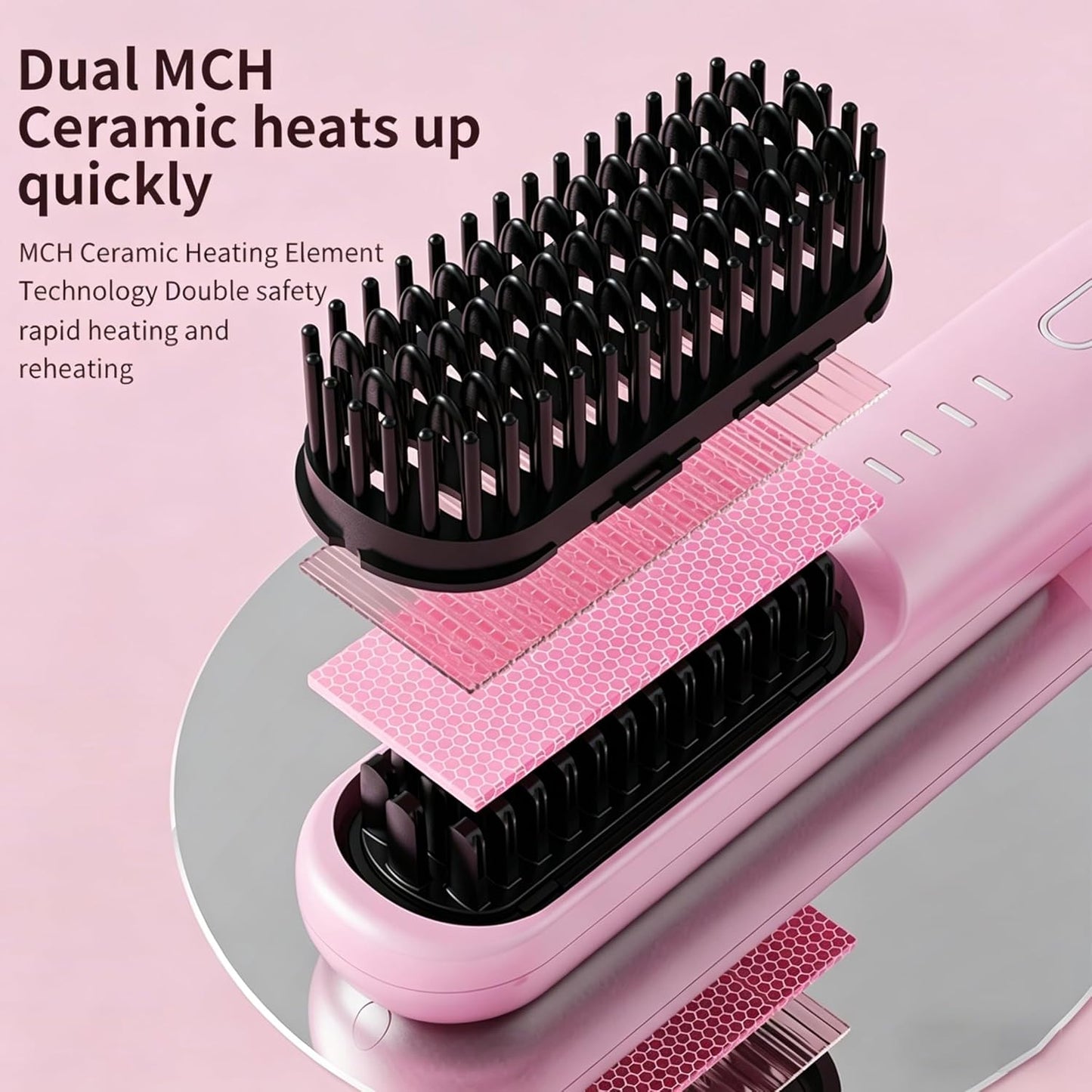 Cordless Straightening Brush for Short Hair - Ionic & Ceramic Care, Fast 30s Heat, 4 Temp Settings | USB-C Rechargeable, Pink
