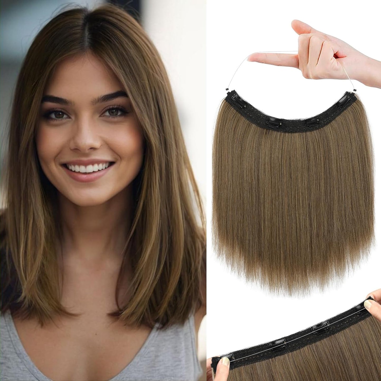 Invisible Wire Hair Extensions - Thinner Softer Lace Weft, 12" Short Straight Clips | Ash Blonde with Highlights