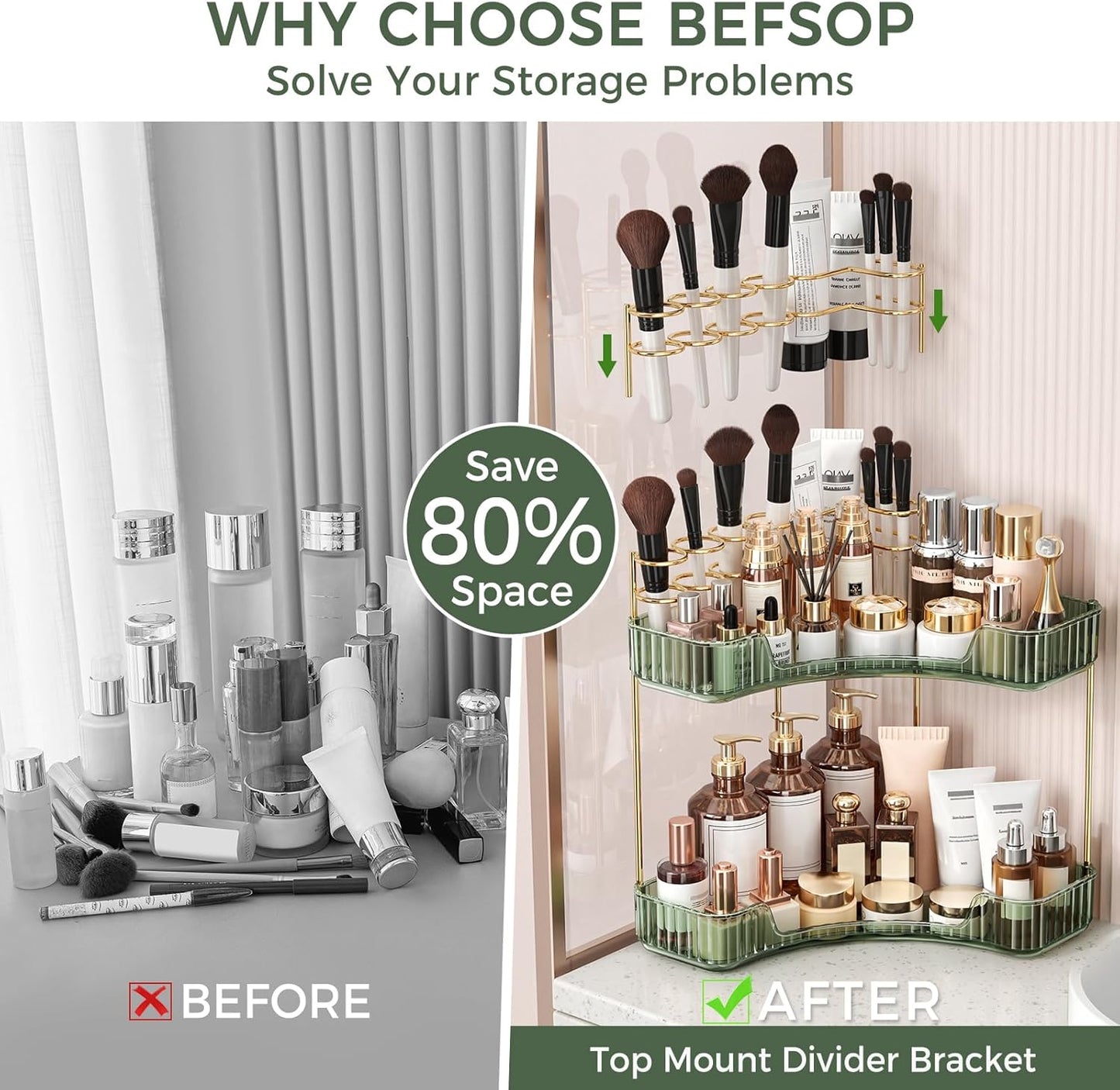 Corner Bathroom Counter Organizer - 2-Tier Makeup & Skincare Storage with Brush Holder | Green