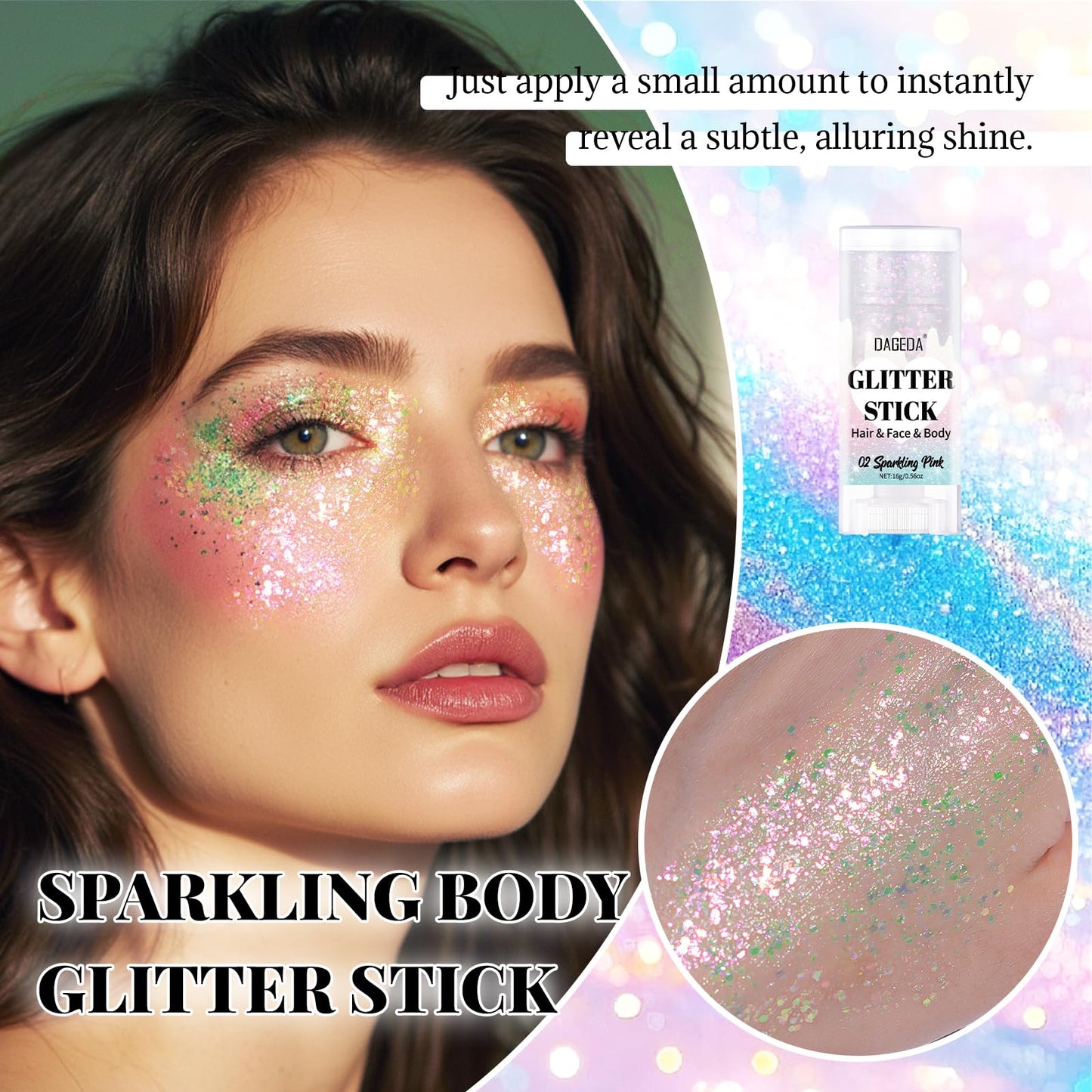 DAGEDA Sparkling Pink Body Glitter Stick,Sparkly Face Glitter Makeup,Holographic Hair Glitters Mermaid Makeup Rave Outfits for Women, Shimmer Face Paint Stick Singer Concert Accessories