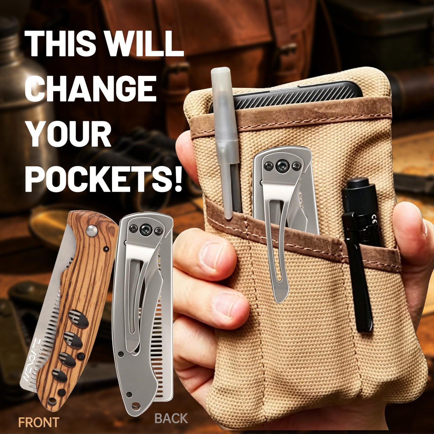1PC Small Folding Pocket Beard & Mustache & Hair Styling Comb for Men - Metal Tactical Grooming Tool with Wooden Handle, with 180° Rotatable for Outdoor Travel & Home Use - Length 6.57inch
