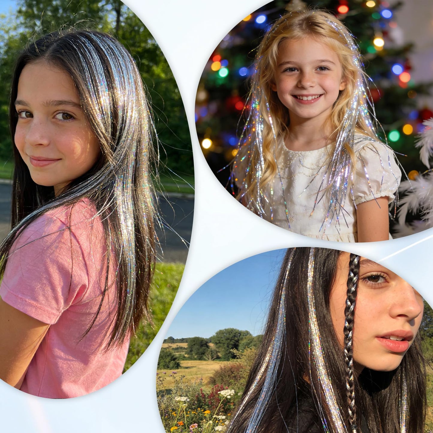 12 Pcs 20 Inch Clip in Hair Tinsel Kit, Silver Glitter Fairy Hair Extensions, Festival Party Hair Accessories for Women Girls Concert Cosplay Birthday