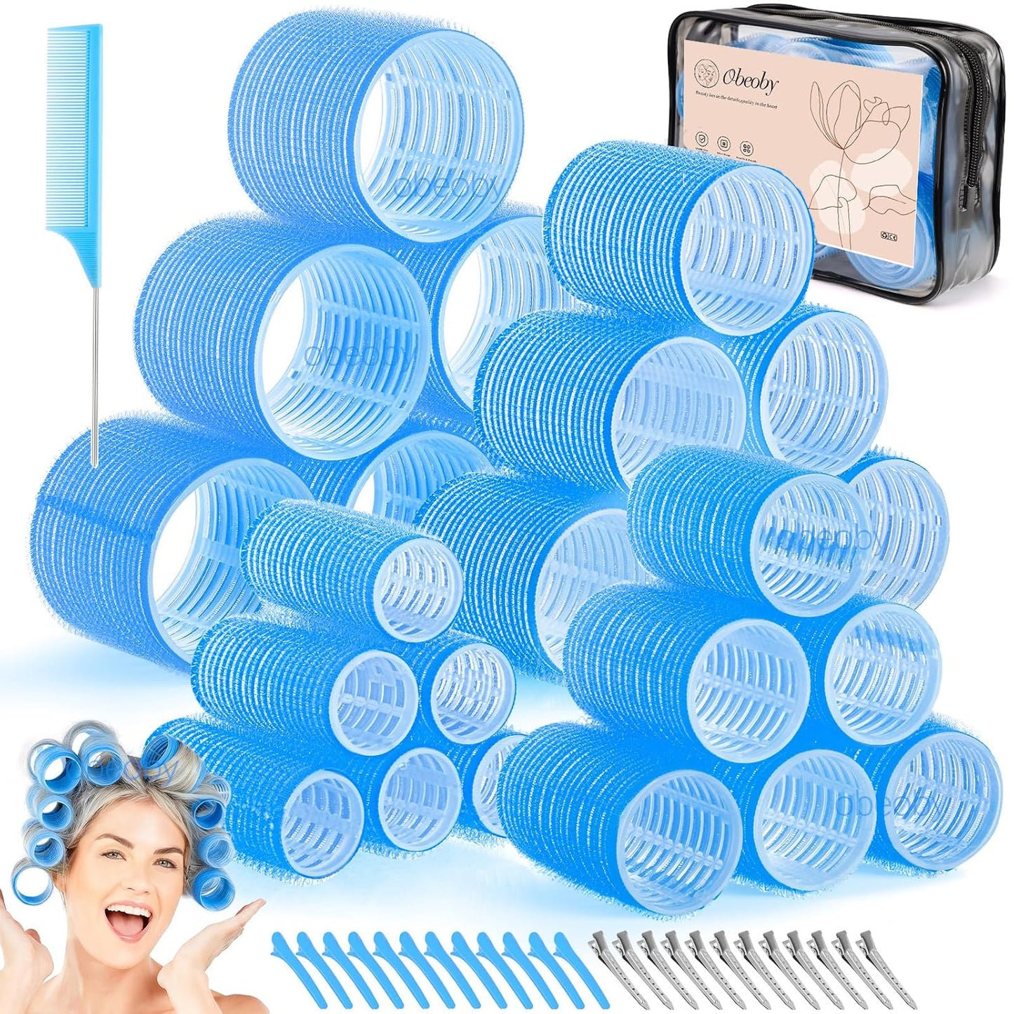 Self-Grip Hair Rollers Set - 50 Pcs for Long, Short Hair & Bangs | 4 Sizes (25mm, 36mm, 48mm, 60mm) - Pink
